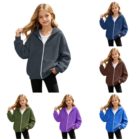 XAOFW Lightweight Zip Up Hoodies For Kids Girls Boys Long Sleeve Solid Color Hooded Sweatshirt Casual Autumn Winter Cozy Pullover Stylish Tops 14-15 Years