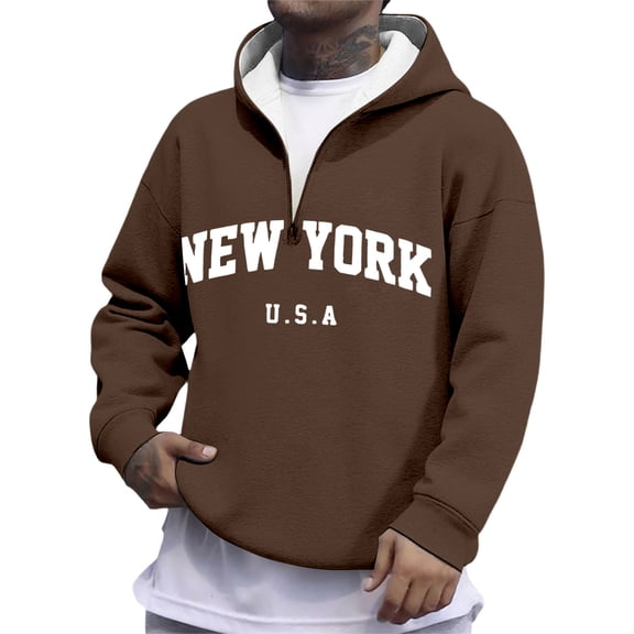XAOFW Men'S Hoodies Sweatshirts Letter Print Quarter Zip Full Coverage Streetwear Long Sleeve Hooded Soft Comfort Casual Daily Wear Tops