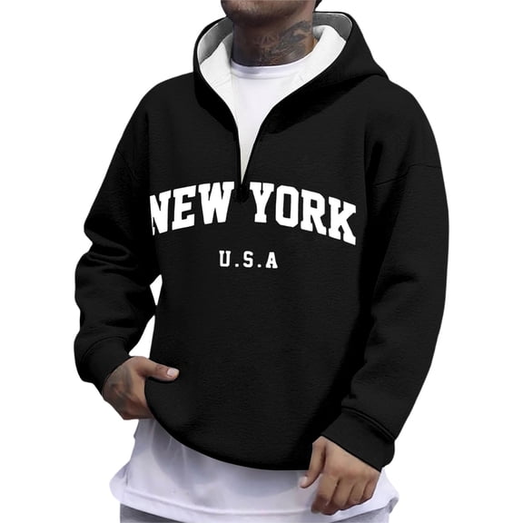 XAOFW Men'S Hoodies Sweatshirts Letter Print Quarter Zip Full Coverage Streetwear Long Sleeve Hooded Soft Comfort Casual Daily Wear Tops
