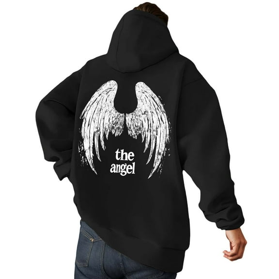 XAOFW Men'S Sweatshirts Hood Winter Angel Print Fuzzy Plush Warm Streetwear Long Sleeve Cozy Relaxed Fit Holiday Vacation Pullover