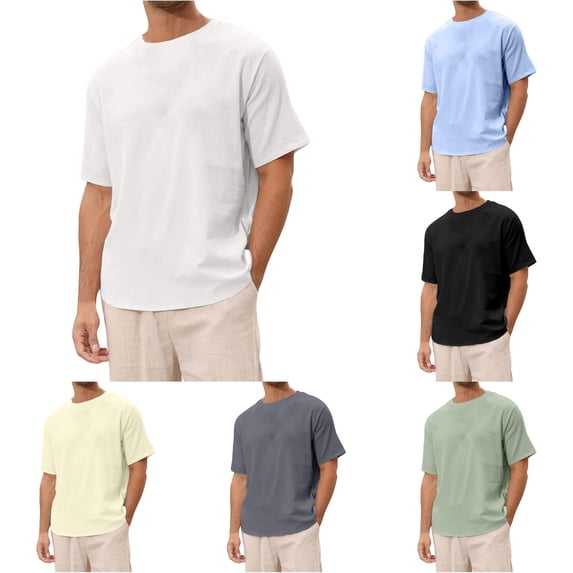 XAOFW Men's Linen T Shirts Solid Color Short Sleeve Crew Neck Tees Lightweight Beach Tees For Everyday Wear Stylish Top XXXL