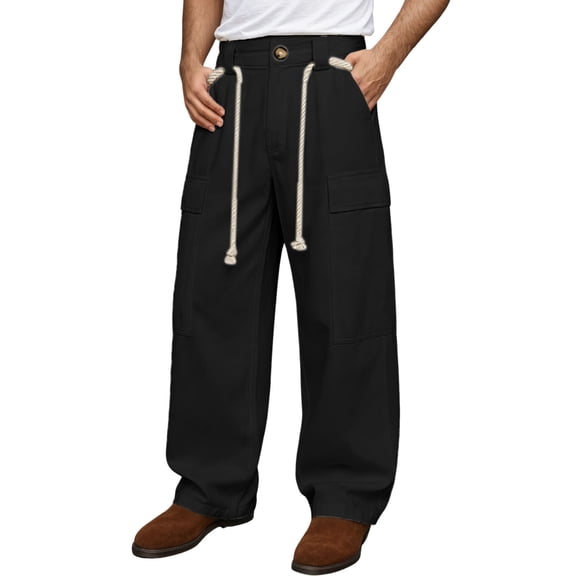 XAOFW Men's Pants Drawstring Waist Pocket Straight Leg Pant Streetwear Everyday Baggy Relaxed Fit Trouser Comfortable Cozy Club Party Sweatpant