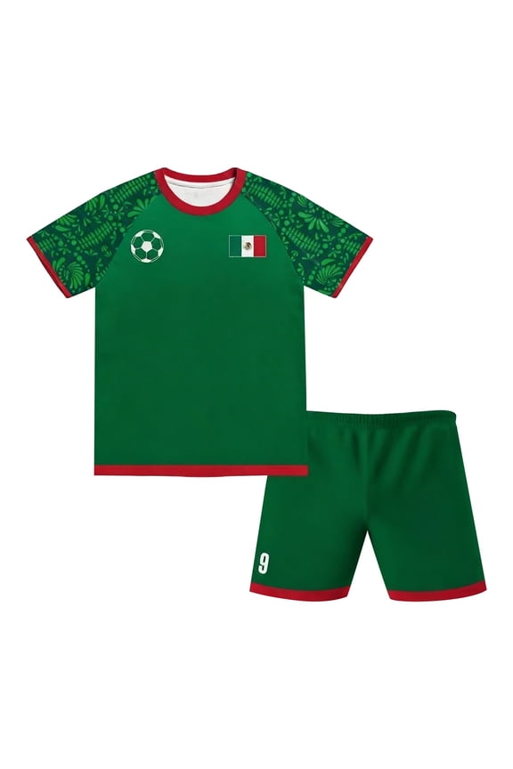 Mexico Soccer Outfits Boys Short Sleeve Crewneck Mexico Flag Print Tops Shorts Two Piece Summer Football Workout Sets For Kids Breathable Clothing Sets 6 Year
