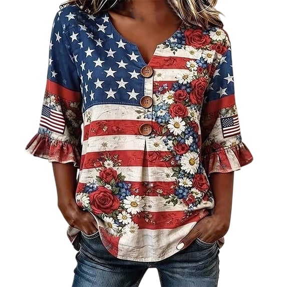XAOFW Patriotic Graphic T Shirts For Women 3/4 Sleeve V Neck Button Tee Red White And Blue Print T-Shirts 4th Of July Breathable Top XXL