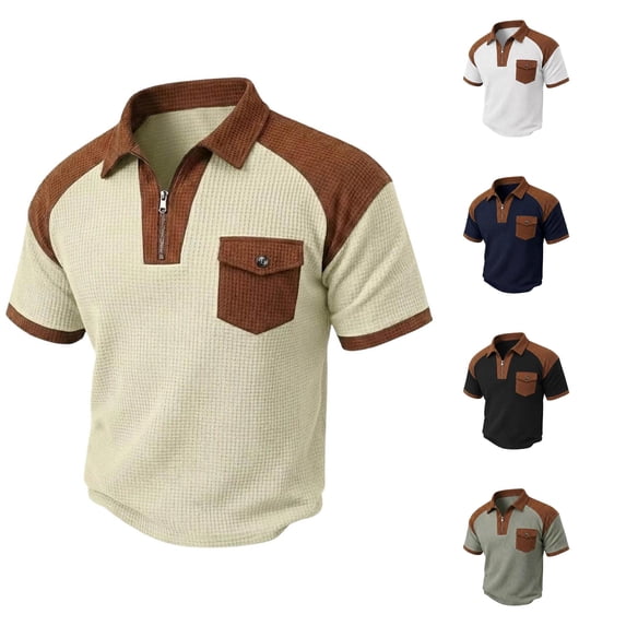 XAOFW Performance Zipper Pocket Polo Shirts For Man Athletic Knit Casual Sport Short Sleeve Patchwork Shirt Soft Tops XXXL