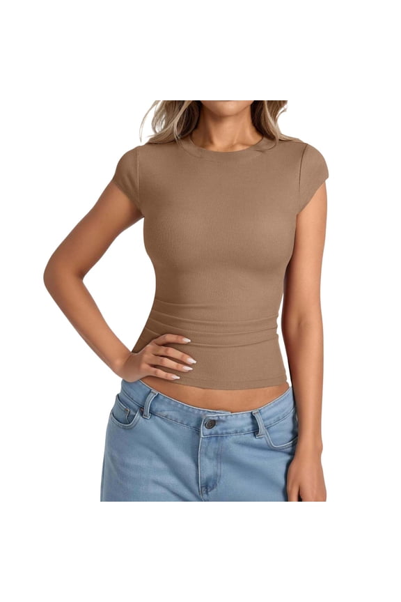 Ribbed Knit T Shirt For Women Short Sleeve Crew Neck T-Shirts Slim Fit Basic Tee Stylish Top XS