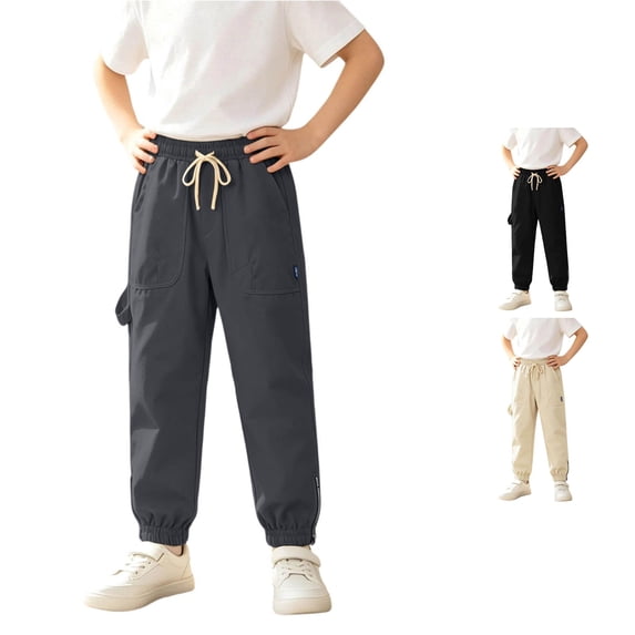 XAOFW Slim Fit Boys Cargo Pant With Elastic Drawstring Waist Solid Color Straight Leg Trousers Kids Back To School Jogger Pants Versatile Bottoms 8-9 Years