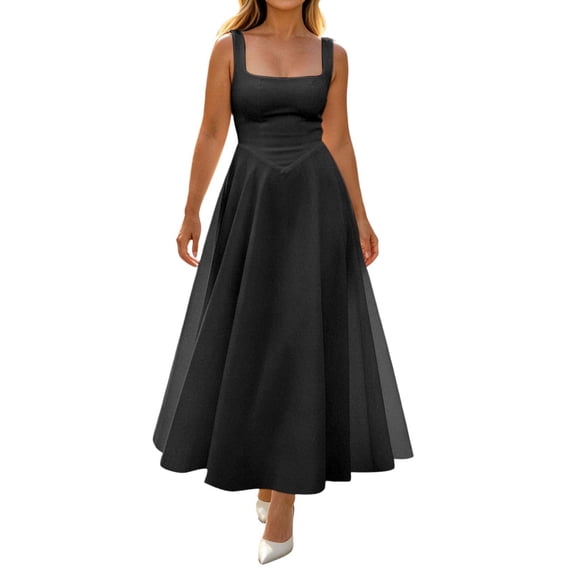 XAOFW Summer Elegant Dress For Women Square Collar Sleeveless Strap Dress With Waist Tie Holiday Party Trendy Sundress