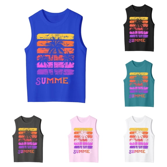 XAOFW Summer Kids Tank Top With Tropical Printed Sleeveless Crewneck Vest Breathable Summer Tank Top For Boys Girls Outdoor Beach Play Versatile Top 13-14 Years