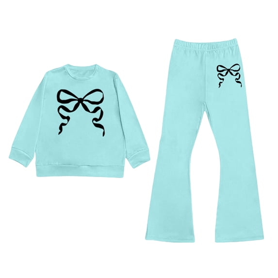 XAOFW Toddler Girl Outfits Short Sleeve Bowknot Graphic Tee Flared Pants Kids Girls Summer Autumn Cute Clothes Sets 8-9 Years