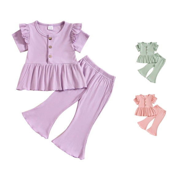 XAOFW Toddler Girl Outfits Short Sleeve Ribbed Button Tops Flared Pants Kids Summer Fall Cute Clothes Sets 12-18 Months