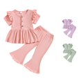 thumbnail image 1 of XAOFW Toddler Girl Outfits Short Sleeve Ribbed Button Tops Flared Pants Kids Summer Fall Cute Clothes Sets 12-18 Months, 1 of 8
