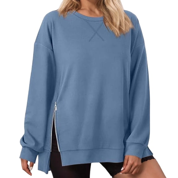 XAOFW Women'S Hoodless Sweatshirts Round Neck Side Zipper Loose Long Sleeve Solid Color Breathable Fashionable Outdoor Activities Pullover
