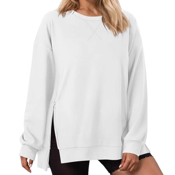 XAOFW Women'S Hoodless Sweatshirts Round Neck Side Zipper Loose Long Sleeve Solid Color Stylish Roomy Holiday Vacation tops