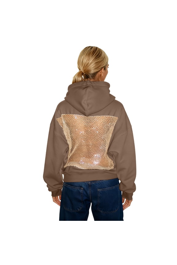 Women'S Sweatshirts Hood Autumn Winter Backless Mesh Streetwear Outings Long Sleeve Solid Color Trendy Relaxed Fit Daily Lounging Pullover