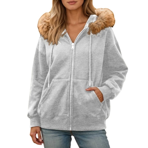 XAOFW Women'S Sweatshirts Hood Winter Fuzzy Jacket Plush Open Front Warm Long Sleeve Solid Color Pocket Roomy Leisure Stylish Casual Daily Wear Pullover