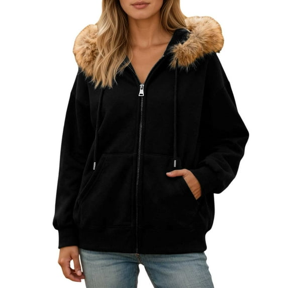 XAOFW Women'S Sweatshirts Hood Winter Fuzzy Jacket Plush Open Front Warm Long Sleeve Solid Color Pocket Trendy Relaxed Fit Daily Lounging Pullover