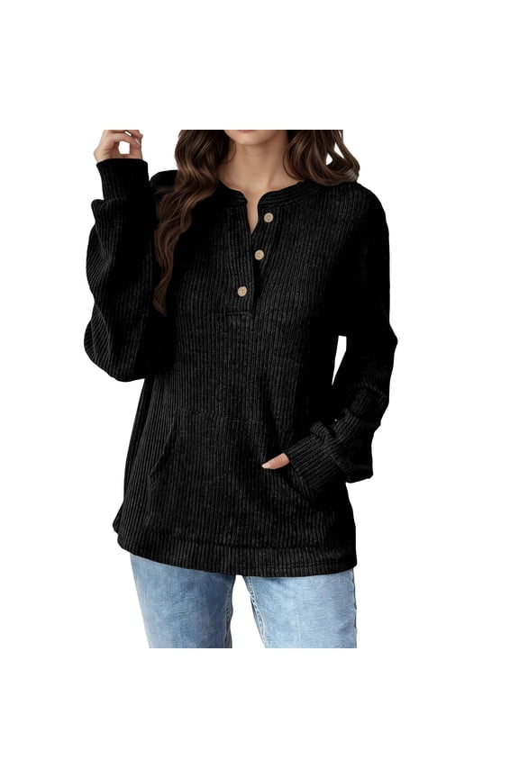 Women'S T Shirts Button Down Fall Winter Seasonal Fashion Basic Shirt Classic Crew Neck Collar Long Sleeve Solid Color Fashionable Cozy Outdoor Activities Tee