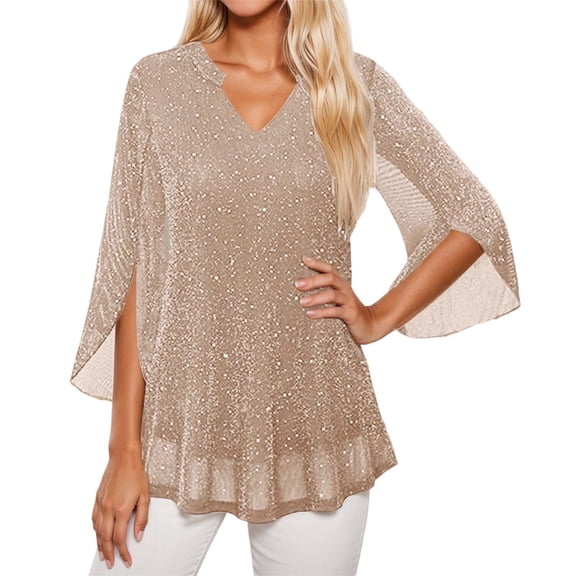 XAOFW Women'S T-Shirts Double Layer Thread Mesh Loose Fit Flared Elegant V-Neck 3/4 Sleeve Solid Color Soft Breathable Holiday Vacation Tee