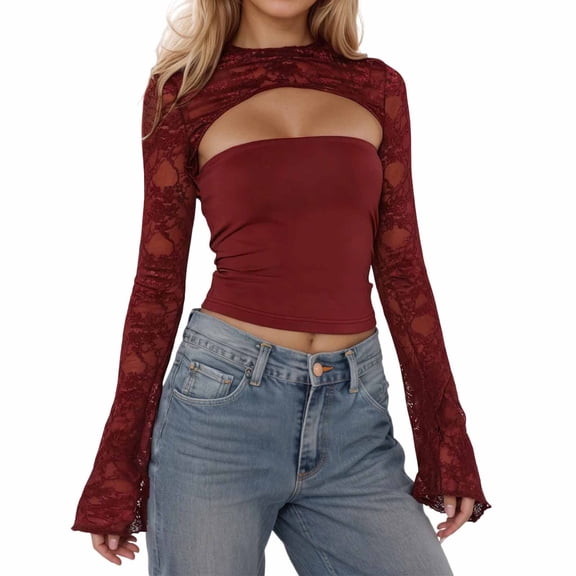 XAOFW Women'S T Shirts Elegant Lace Trim Hollow Design Slim Long Sleeve Solid Color Round Neck Comfort Soft Casual Daily Wear Tops