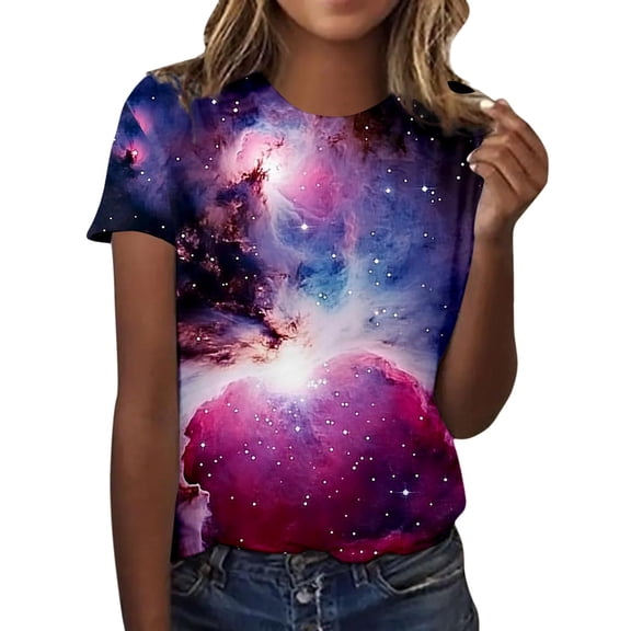XAOFW Women'S T-Shirts Galaxy Print Round Neck Blend Short Sleeve Fashionable Cozy Casual Daily Wear Top