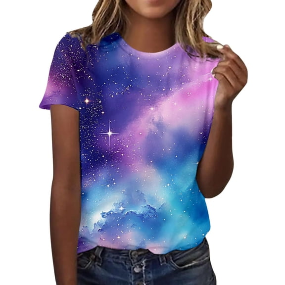 XAOFW Women'S T-Shirts Galaxy Print Round Neck Ladies Short Sleeve Fashionable Cozy Casual Daily Wear Top