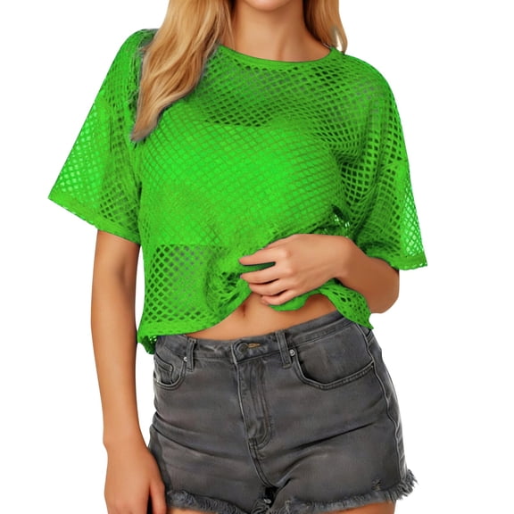 XAOFW Women'S T-Shirts Mesh Covering Smock Short Sleeve Solid Color Fashionable Cozy Casual Daily Wear Top