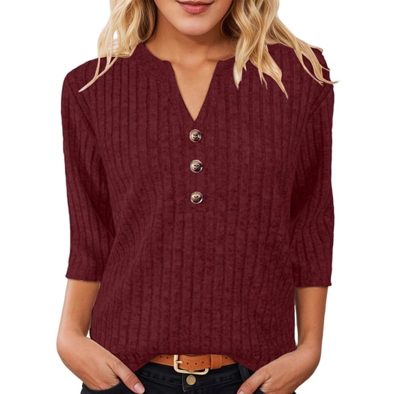 XAOFW Women'S T Shirts Ribbed Button V Neck Elegant Brushed Texture Long Sleeve Solid Color Fashionable Cozy Outdoor Activities Tee