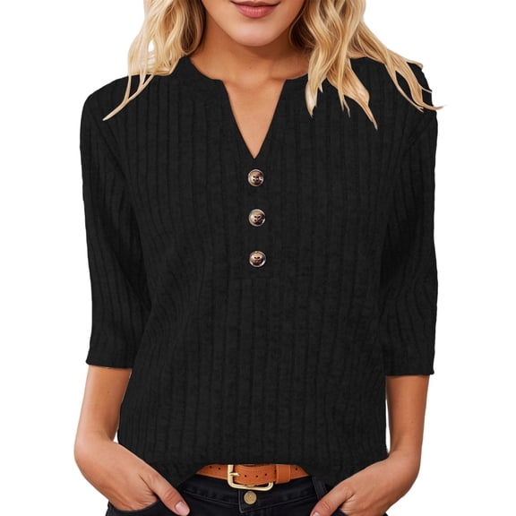 XAOFW Women'S T Shirts Ribbed Button V Neck Elegant Brushed Texture Long Sleeve Solid Color Fashionable Cozy Outdoor Activities Tee