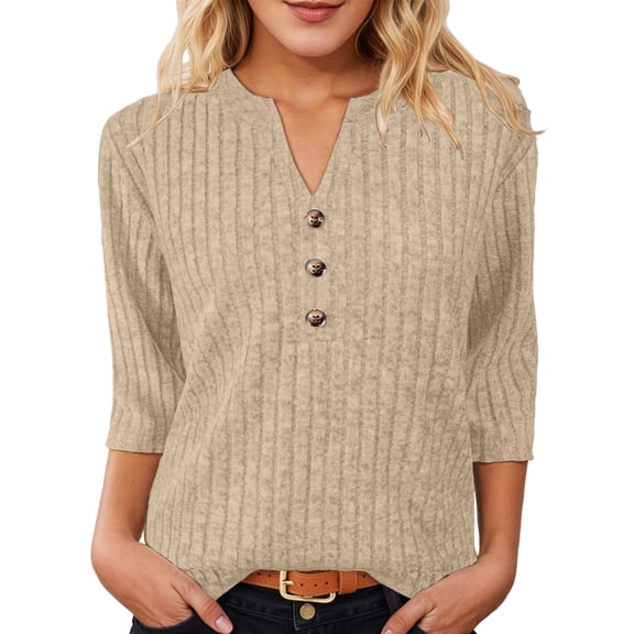 XAOFW Women'S T Shirts Ribbed Button V Neck Elegant Brushed Texture Long Sleeve Solid Color Fashionable Cozy Outdoor Activities Tee
