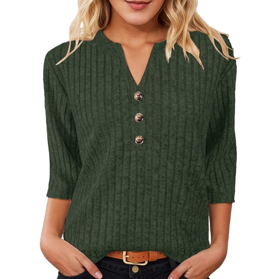 XAOFW Women'S T Shirts Ribbed Button V Neck Elegant Brushed Texture Long Sleeve Solid Color Fashionable Cozy Outdoor Activities Tee