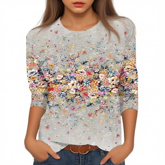 XAOFW Women'S T Shirts Round Neck Three Quarter Sleeve Floral Print Women Fashionable Cozy Outdoor Activities Tee