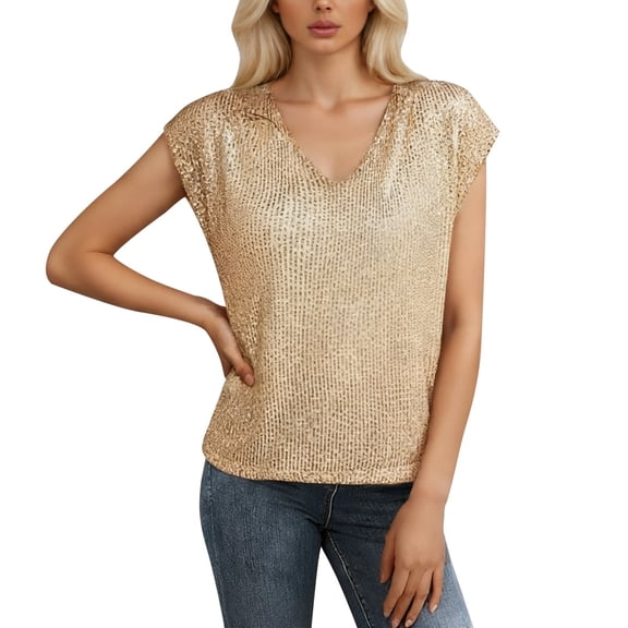 XAOFW Women'S T-Shirts Sparkling Sequin Glitter V Neck Sleeveless Club Night Out Short Sleeve Solid Color Fashionable Cozy Casual Daily Wear Top