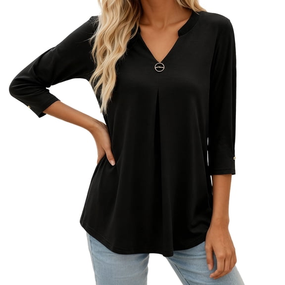 XAOFW Women'S T Shirts Three Quarter Sleeve V Neck Button Elegant Pleated Detail A Solid Color Fashionable Cozy Outdoor Activities Tee