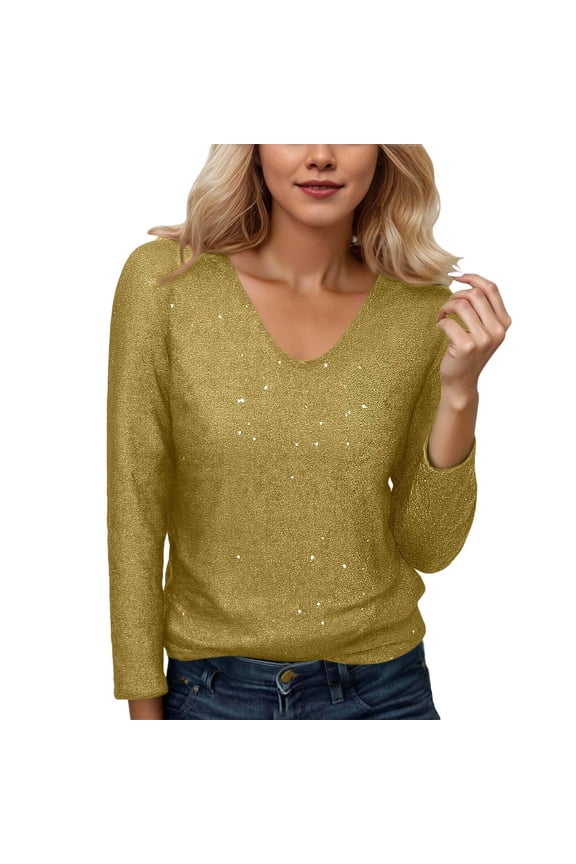 Women'S T Shirts V Neck Elegant Glittering Subtle Shine Sophisticated Everyday Vibe Work Long Sleeve Solid Color Comfort Soft Casual Daily Wear Tops