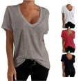 thumbnail image 1 of XAOFW Women Solid Color V Neck Slub Knit T Shirt Relaxed Fit Short Sleeve Everyday Casual Layering Basic Tee Comfortable Top M, 1 of 4