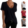 thumbnail image 1 of XAOFW Women Solid Color V Neck Slub Knit T Shirt Relaxed Fit Short Sleeve Everyday Casual Layering Basic Tee Versatile Tops L, 1 of 4