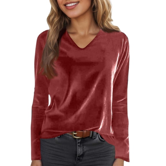 XAOFW Women T-Shirts Female Velvet V Neck Classic Long Sleeve Solid Color Comfortable Stylish Party Tops