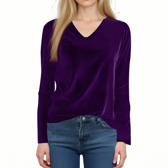 XAOFW Women T-Shirts Female Velvet V Neck Long Sleeve Solid Color Comfortable Stylish Party Tee Shirt