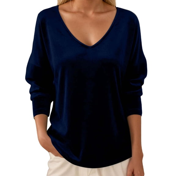 XAOFW Women T-Shirts Velvet V Neck Long Sleeved 3/4 Sleeve Solid Color Soft Breathable Holiday Vacation Tee Shirt