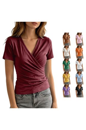Women Wrap V Neck T Shirt Side Ruched Slim Fitted Short Sleeve Stretch Casual Date Night Basic Tees Stylish Tops S