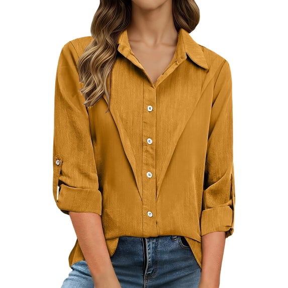 XAOFW Women's Blouses Elegant Solid Color Long Sleeve Lapel Button Down Shirt Evening Party Soft Comfortable Top