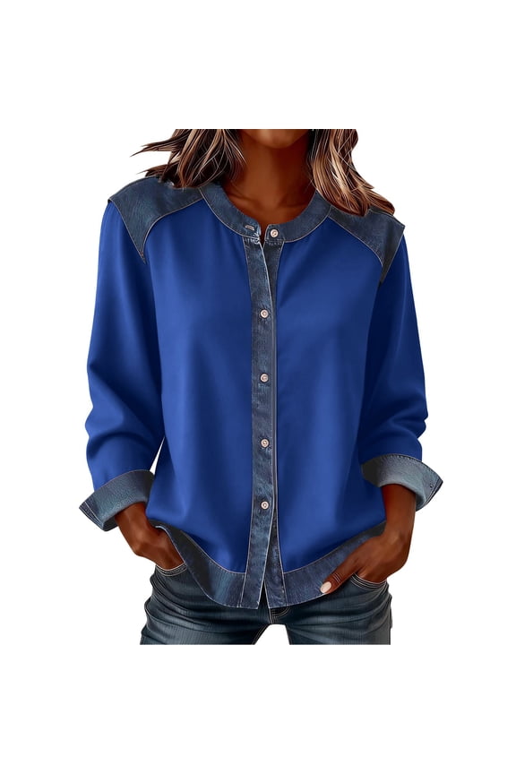 Women's Blouses Long Sleeve Lapel Denim Patchwork Button Down Open Front Cardigan Shirt Outdoor Activities Comfortable Stylish Tops