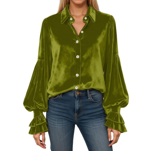 XAOFW Women's Blouses Solid Color Ruffle Long Sleeve Lapel Elegant Formal Button Down Shirt Party Night Versatile Cozy Top