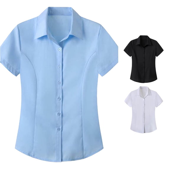 XAOFW Women's Button Down Shirts Short Sleeve Solid Color Elastic Slim Fit Breathable Shirt For Formal Wear Soft Top S