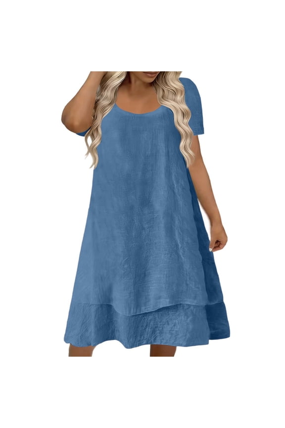 Women's Casual Dresses Solid Color Short Sleeve Crewneck Layered Midi Dress Holiday Vacation Elegant Comfortable
