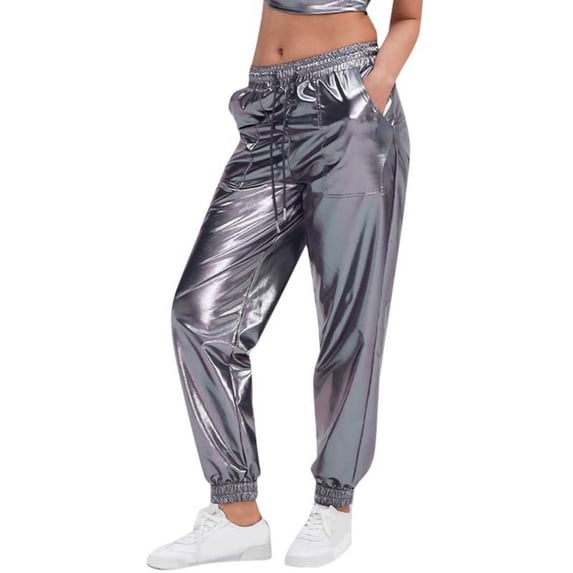XAOFW Women's Casual Pants Carnival Shiny Solid Color High Waist Plus Size Jogger Trousers Straight Leg Pant Party Night Cozy Versatile Slacks