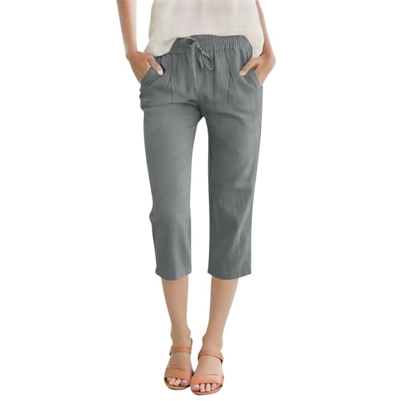 XAOFW Women's Casual Pants Fashionable Drawstring Solid Color Pant With Pockets Striped Calf Length Trouser Outdoor Activities Soft Breathable Slacks