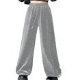 thumbnail image 1 of XAOFW Women's Casual Pants High Waist Velvet With Rhinestone Loose Fit Straight Leg Trouser Daily Wear Soft Breathable Sweatpants, 1 of 2