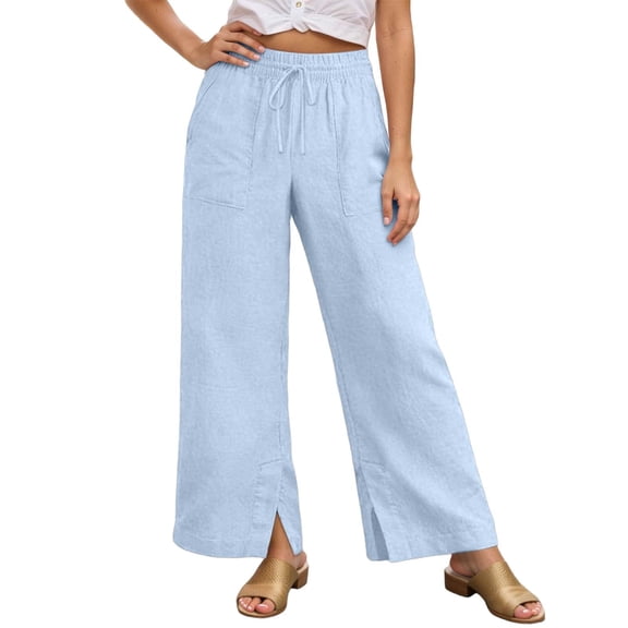 XAOFW Women's Casual Pants Solid Color Elastic Waist And Drawstring Ties Comfort Fit Wide Leg Trouser Daily Wear Soft Breathable Trousers